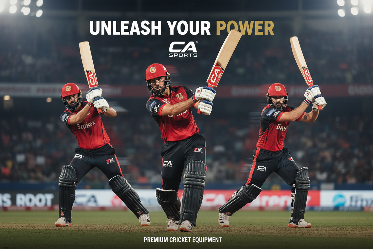 Create a premium cricket hero banner featuring professional male cricket players in dynamic batting poses. The main player should be positioned in the center, holding a CA Sports cricket bat, wearing CA-branded pads, gloves, and accessories. Use authentic CA Sports colors such as red, black, and white. Include a second and third player in the background in action shots, softly blended with depth and motion blur to create a layered, energetic composition. Use dramatic stadium-style lighting with subtle shado